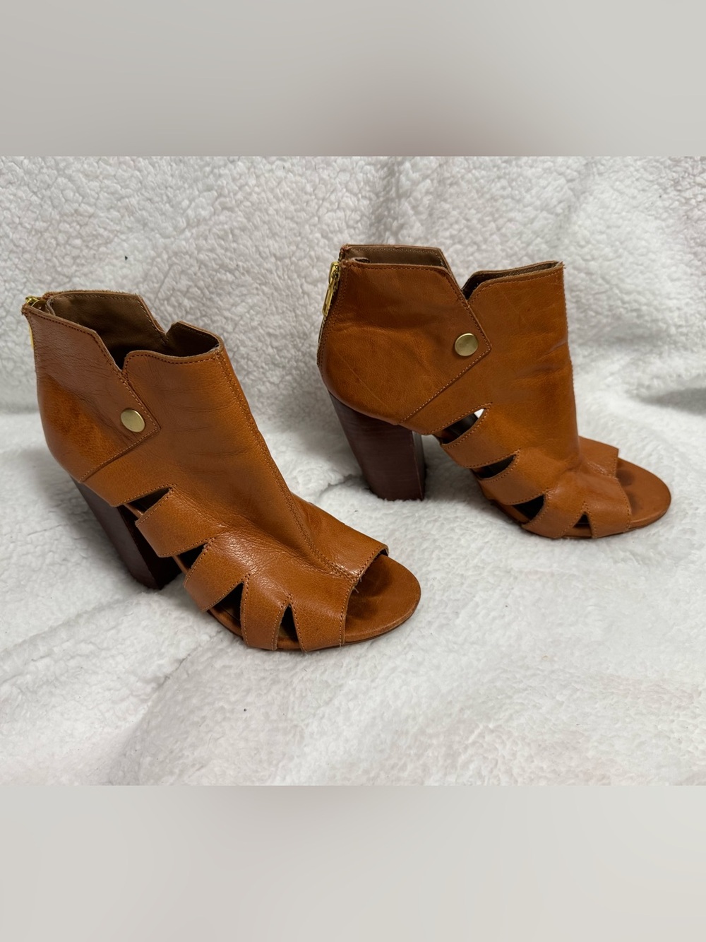 Kelsi Dagger Cognac Brown Cutout Peep-Toe Block Heel Sandals